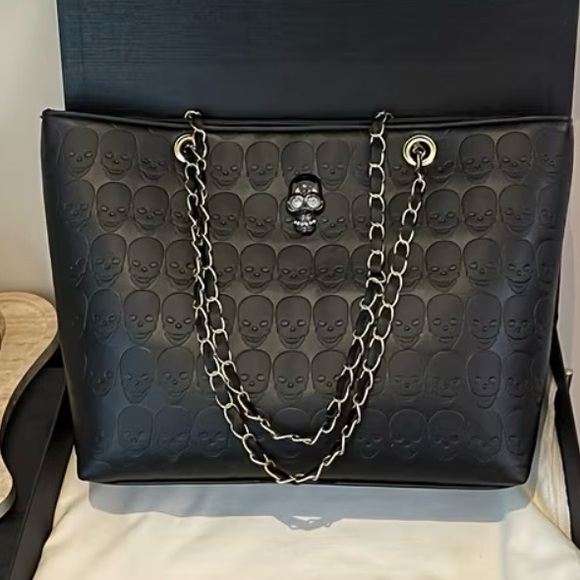 Black Skull Embossed Tote Bag with Chain Straps Faux Leather Metal Skull NWT - Picture 1 of 4